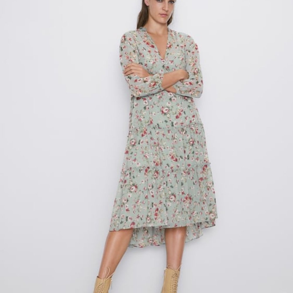 Zara‎ sage green pink floral tiered midi dress country cottagecore size XS